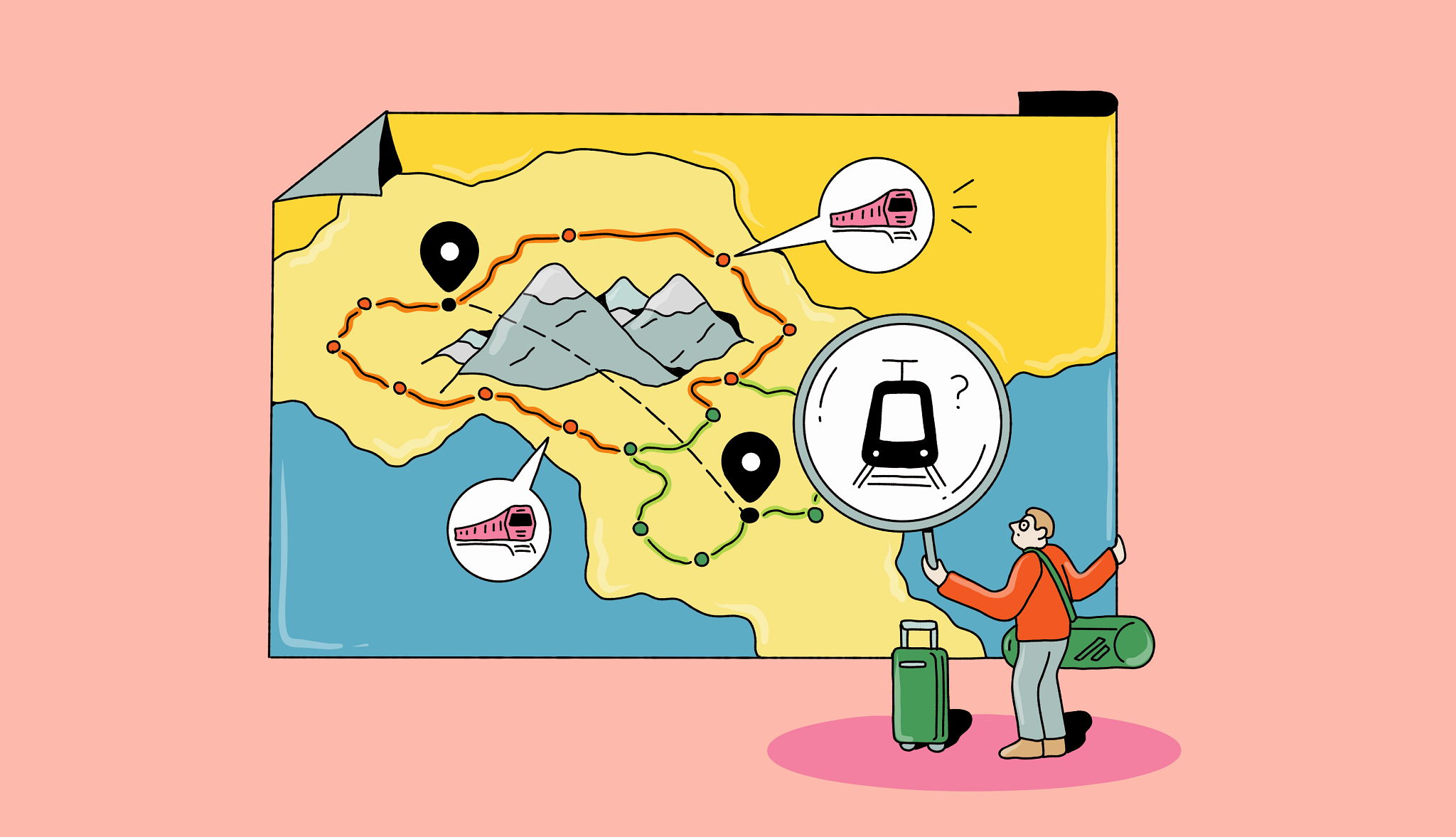 25 Great Ways European Train Travel an illustration of a person looking at a giant map with multipe trains in bubbles