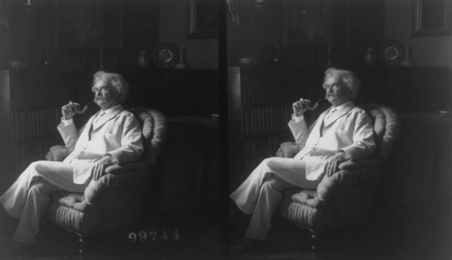 13 Fascinating Facts About Mark Twain a steroscope slide with a portrait of Mark Twain holding a tobacco pipe