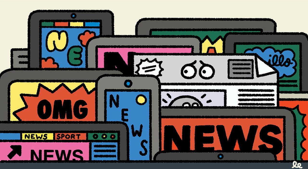 illustration of tablets with newspaper graphics on the screens, paper, newspapers