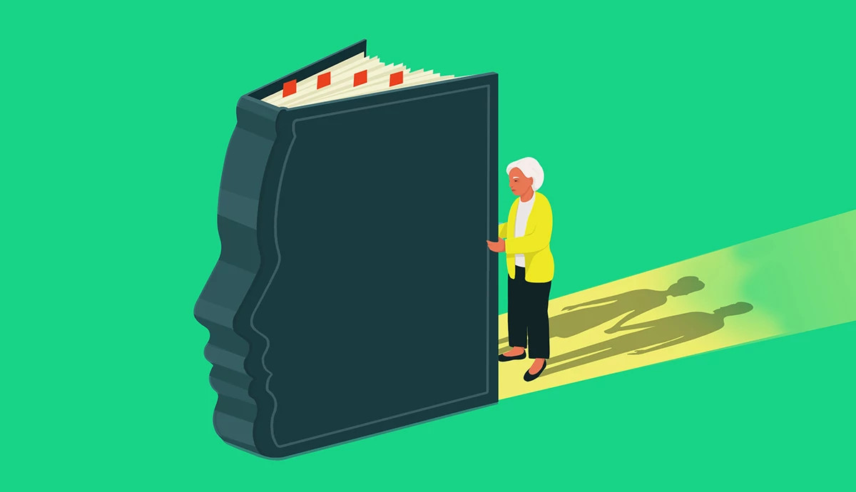 Illustration of an older adult standing beside a very large book shaped like a human profile
