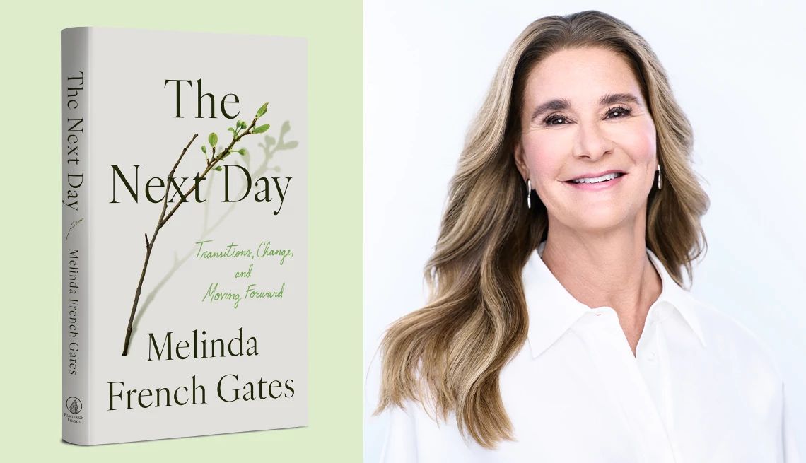 Melinda French Gates book cover of the next day next to a photo of melinda french gate