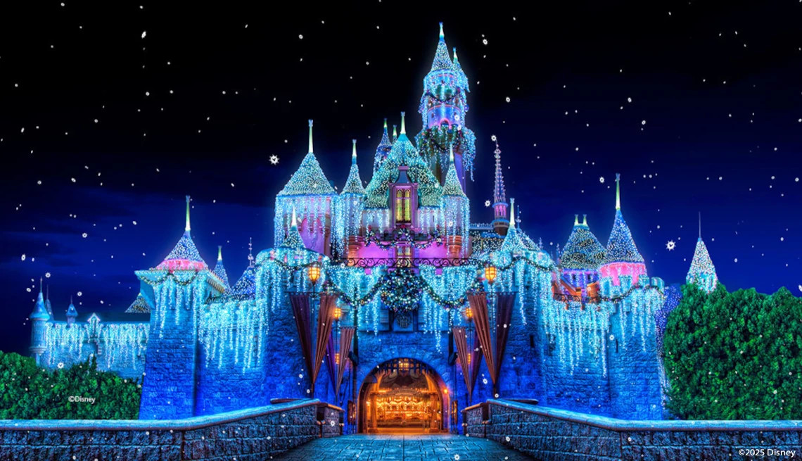 Princess castle covered in holiday lights and decorations at Disneyland Resort