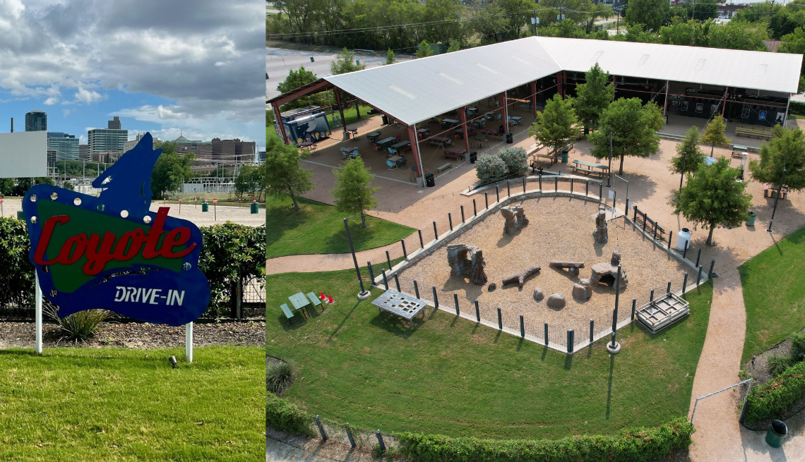 a split image with the coyote drive in sign and a playground area of the theater
