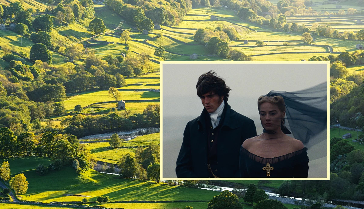 An image of “Wuthering Heights” stars overlaid on a fields in england