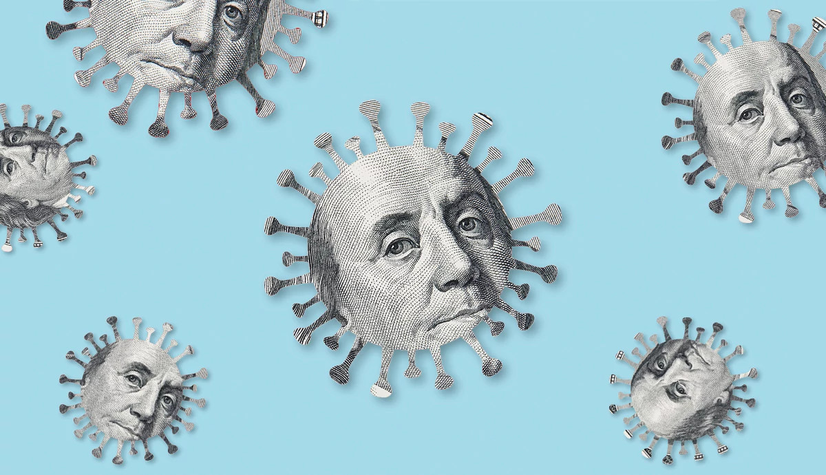 benjamin franklin from a $100 bill styled as covid molecules