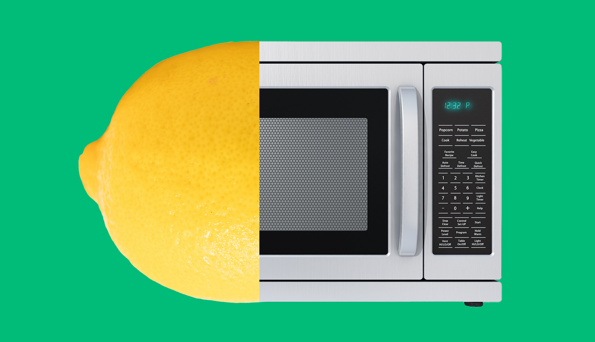 A fresh yellow lemon seamlessly combined with a stainless-steel microwave against a bright green background.