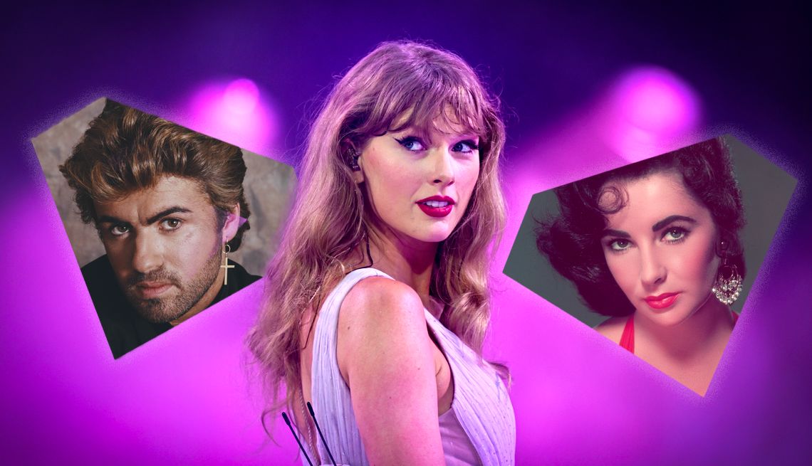 Taylor Swift Pays Tribute to Icons on New Album a collage with photos of george michael, taylor swift and elizabeth taylor