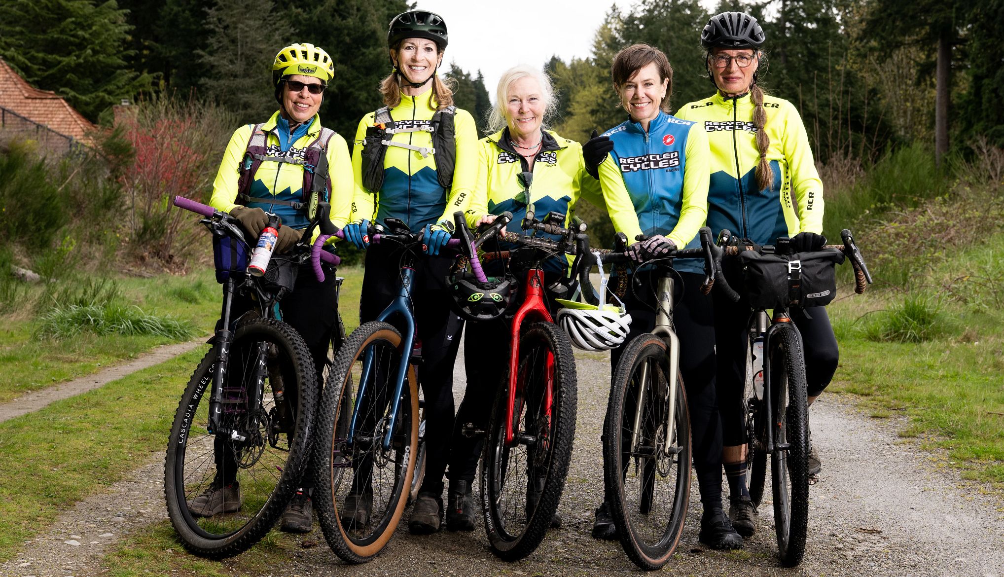 They Fought Off a Cougar Attack Five women bikers pose for a photograph on a forest trail. Shown left to right: Annie Bilotta, Tisch Schmidt-Williams, Keri Bergere, Erica Wolf and Aune Tietz.