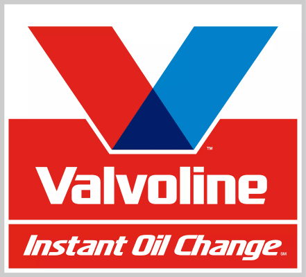 Valvoline Instant Oil Change blue & red V at top and on top of red line with white word Valvoline and thinner red line underneath with white words instant oil change