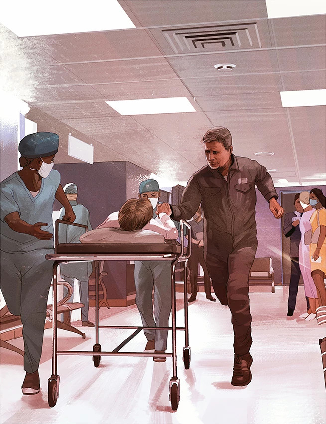 Sandra on a hospital gurney with Travis beside her being rushed into the hospital emergency room.