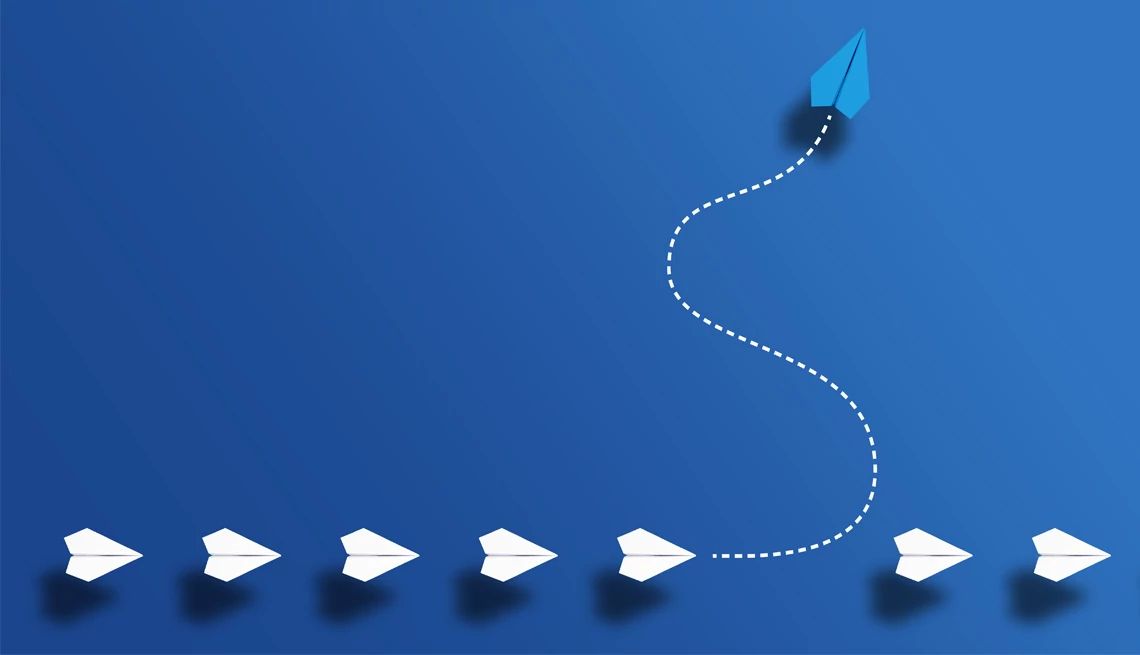 A digital illustration features a line of white paper airplanes on a deep blue background