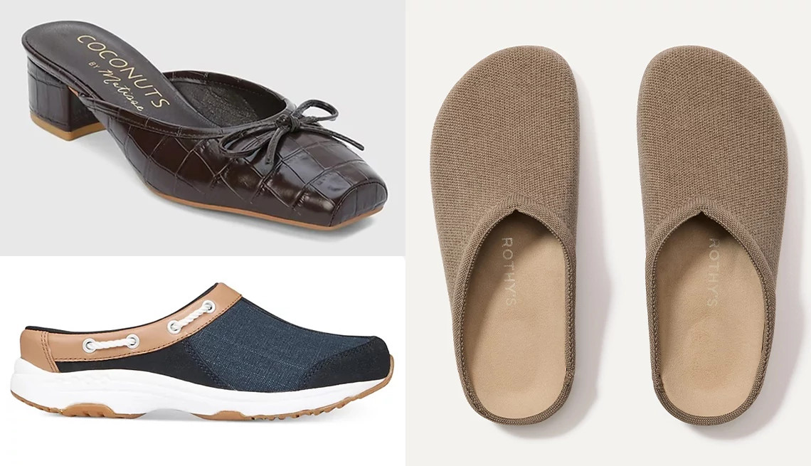 a collage showing two different styles of clogs and one style of mules