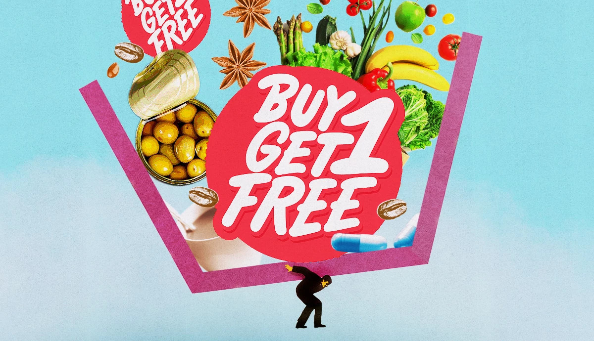 A figure tries to hold up an oversized container with buy one get one free signs, groceries and medications.