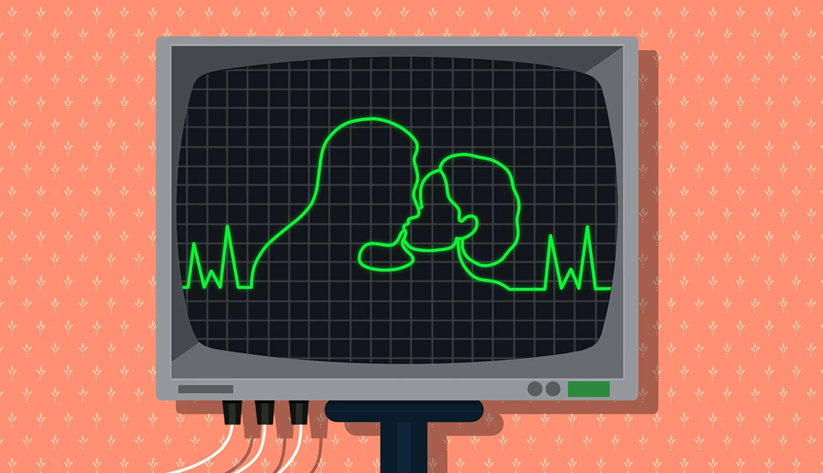 A couple digitized in green is shown making out on a black cardiogram computer monitor screen