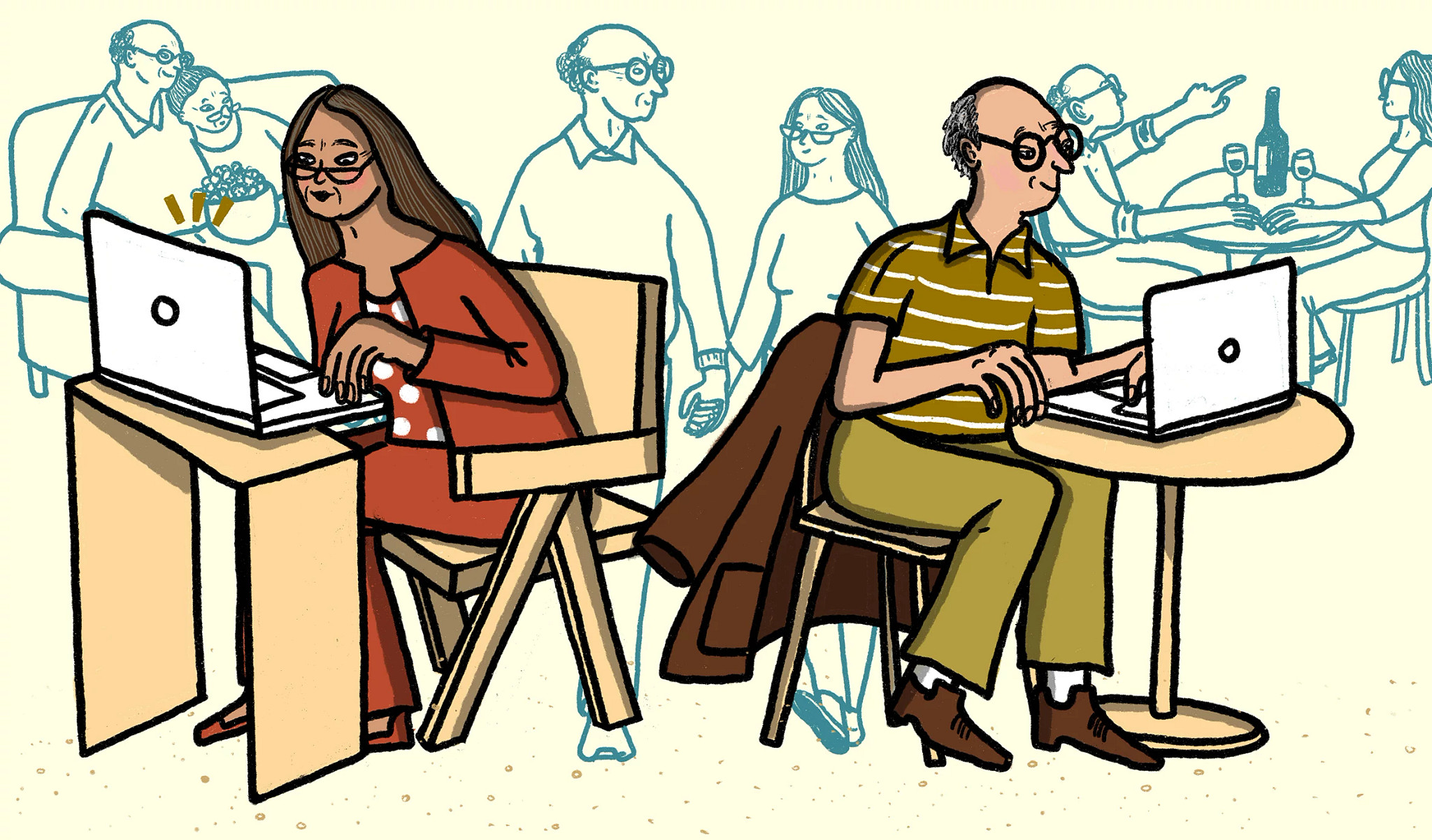 Illustration of older adults using laptop computers while surrounded by scenes of social interaction and community engagement