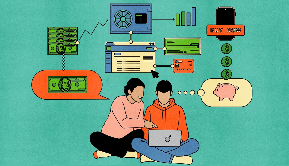 Two people sit cross-legged on the floor looking at a laptop together. Floating above them are various financial icons, showing how you can teach your kids about money.
