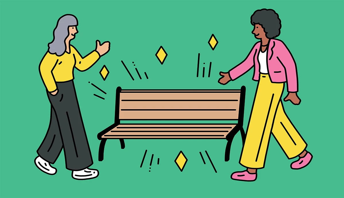 an illustration shows two women approaching a park bench to sit down and talk
