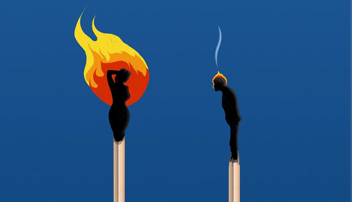 graphic of a woman at the top of a matchstick with a flame and a man on top of a matchstick with no flame