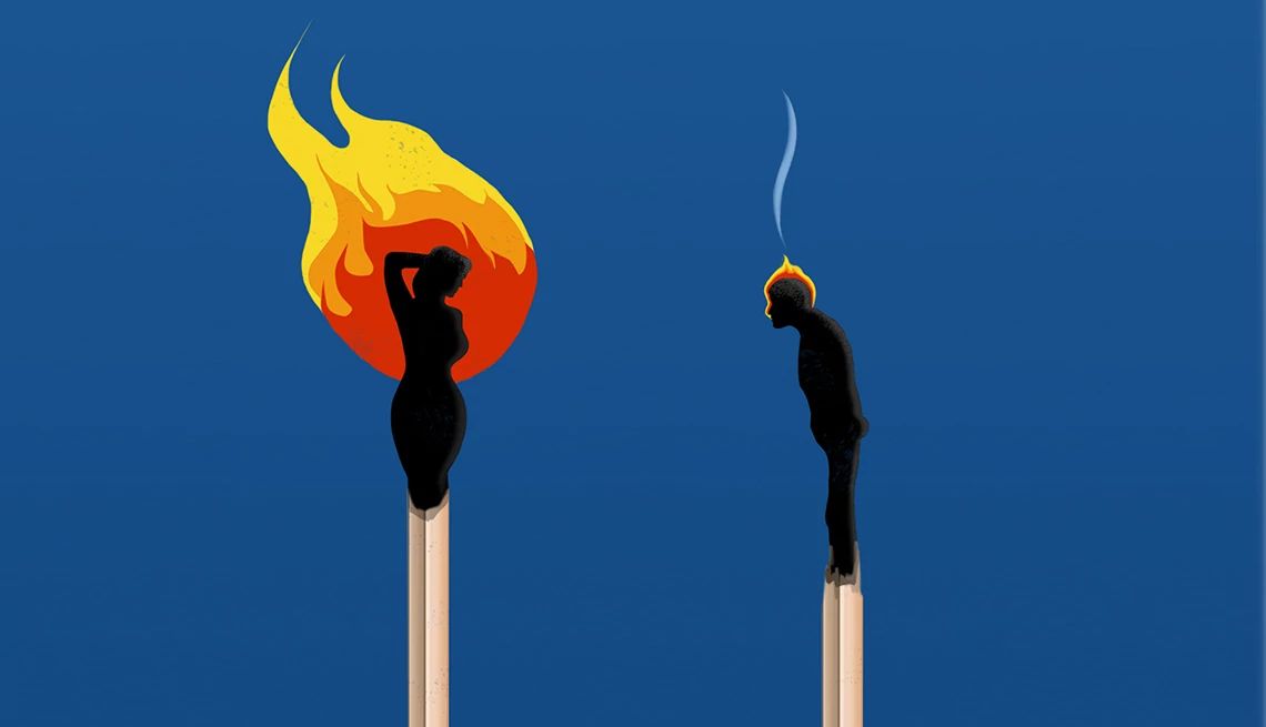 Your sex questions, answered graphic of a woman at the top of a matchstick with a flame and a man on top of a matchstick with no flame