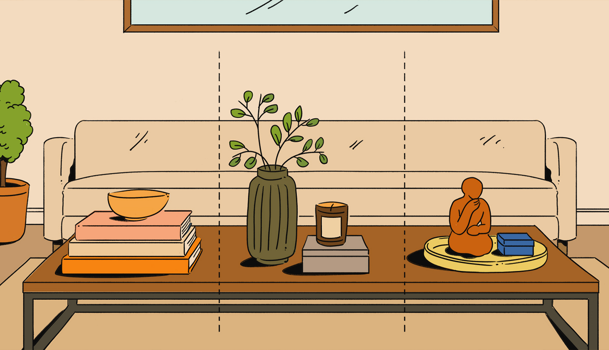 an illustration show a coffee table divided it into three zones: stacked books, an artistic object and something personal