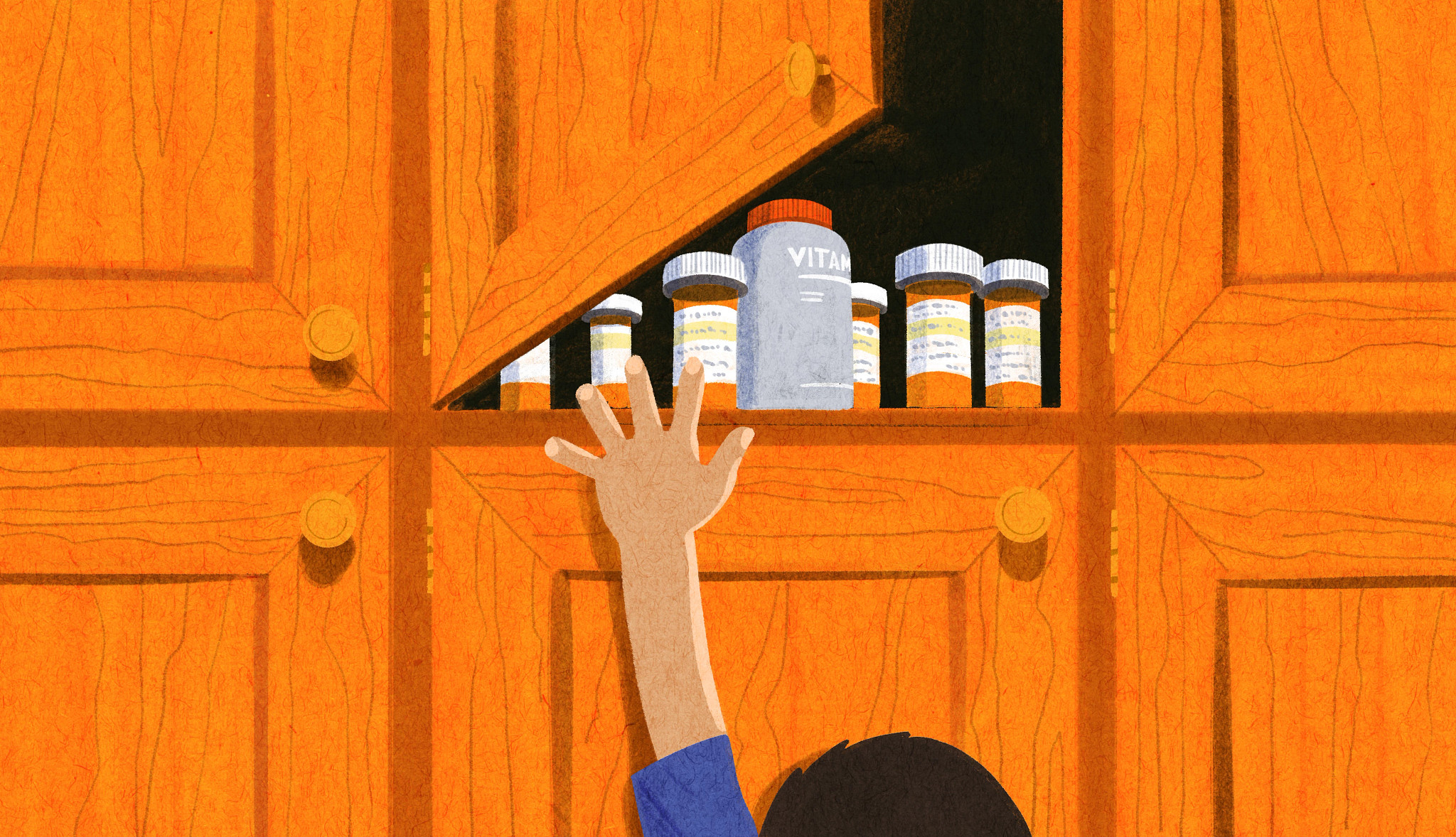 illustration of a child’s hand reaching up toward an open wooden cabinet filled with various prescription pill bottles and a large container of vitamins