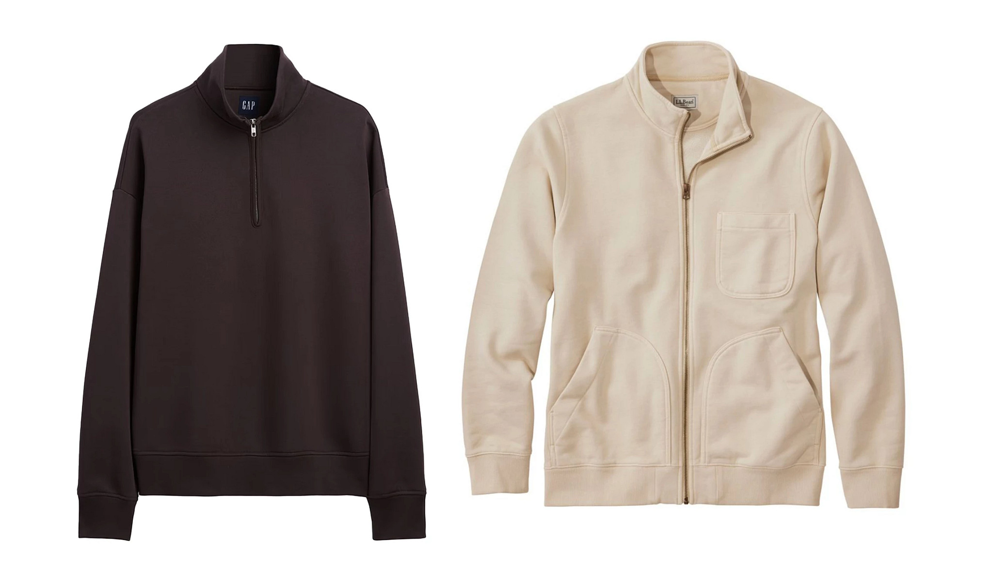 a collage with two different styles of mens zip neck pullovers