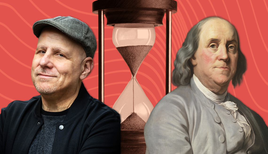 Lessons from Ben Franklin Author Eric Warner, Ben Frankline and an hour glass