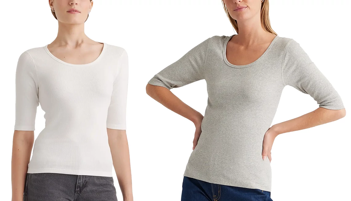 Organic Cotton Micro-Rib Elbow Sleeve Tee Quince Organic Cotton Micro-Rib Elbow Sleeve Tee in White or Heather Grey