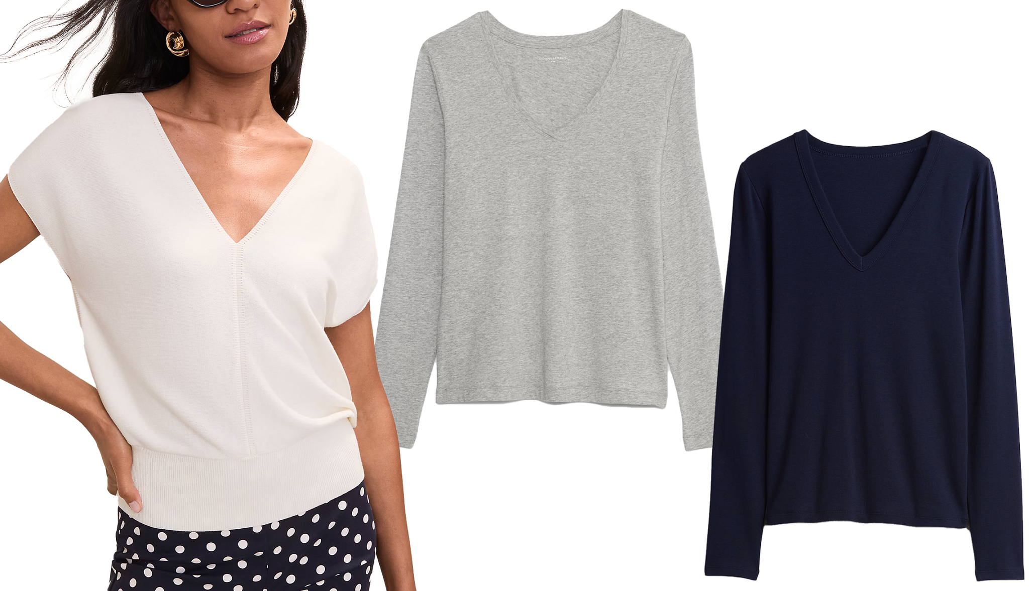 a collage with two long sleeved v neck sweaters and a model wearing a short sleeve v neck knit top