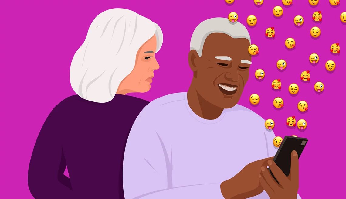 Is My Husband Micro-cheating? a man is looking at his phone smiling while a woman looks over his shoulder