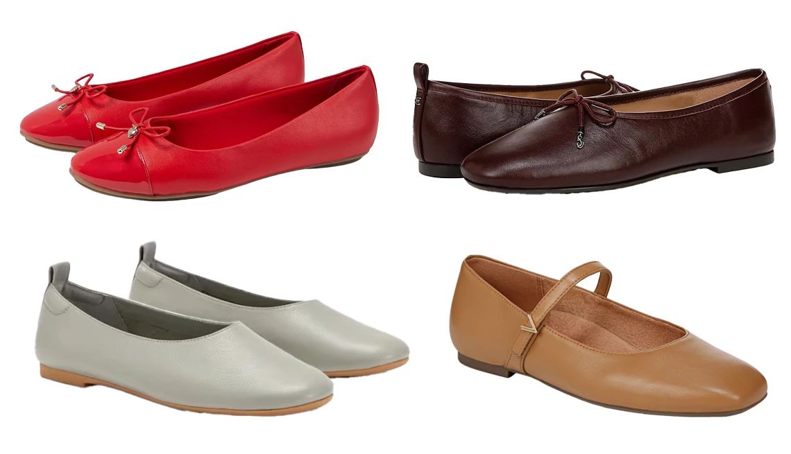 Ballet flats Everlane The Day Glove Flat in Sage Green; Anne Klein Women’s Luci Ballet Flats in Red; Sam Edelman Ari Women’s Flats; Vionic Alameda Mary Jane Flat in Cognac