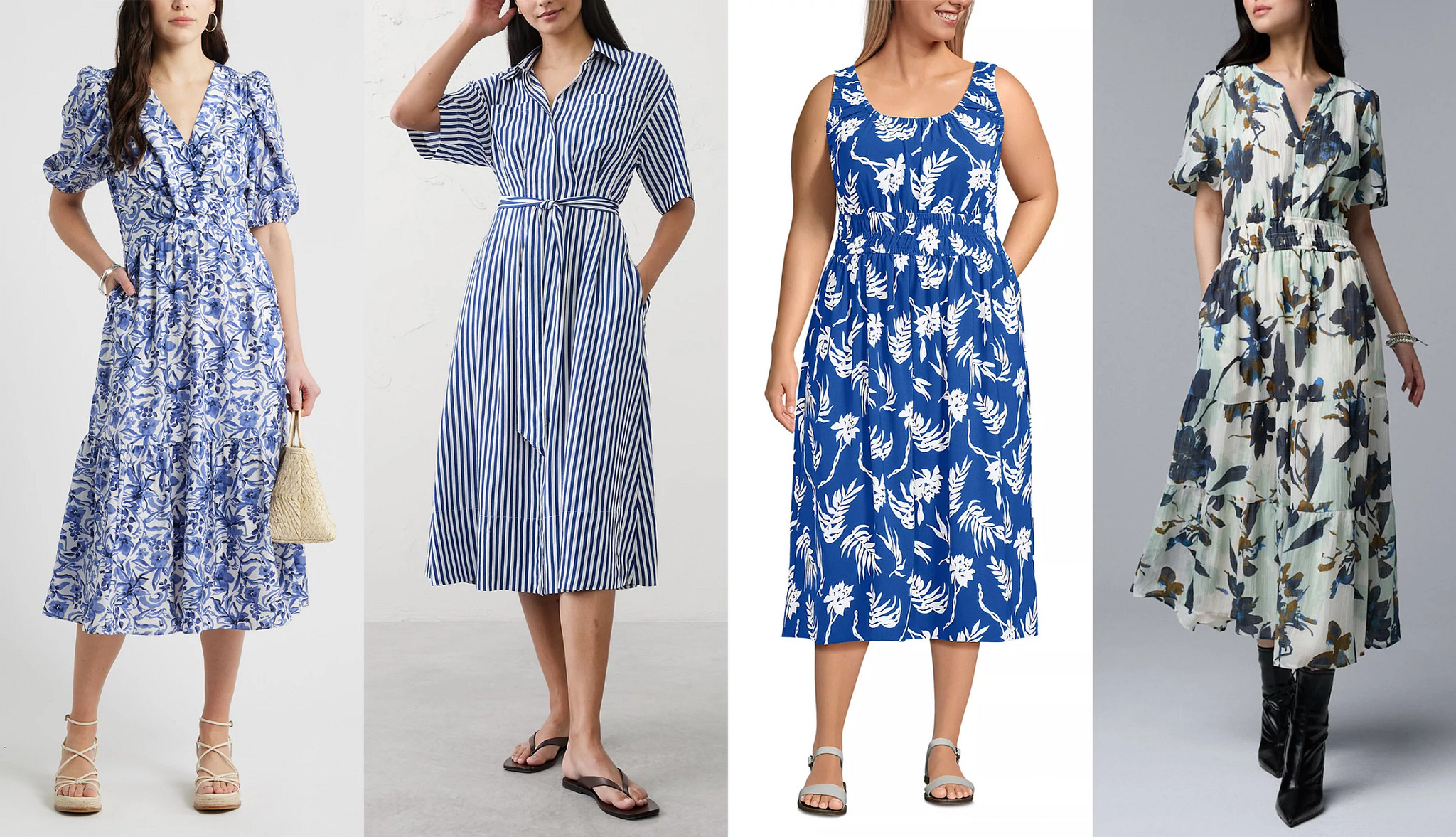 models wearing different styles of midi length dresses