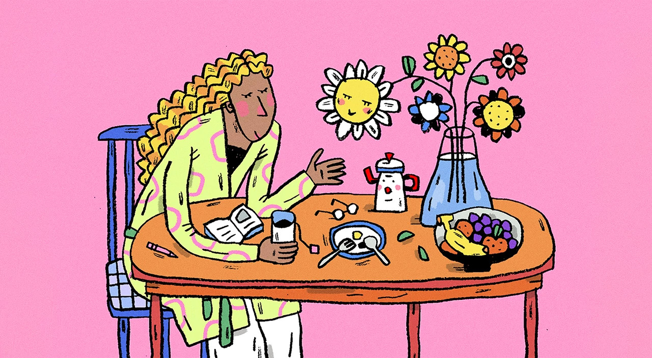 illustration of woman sitting happily at a table with coffee