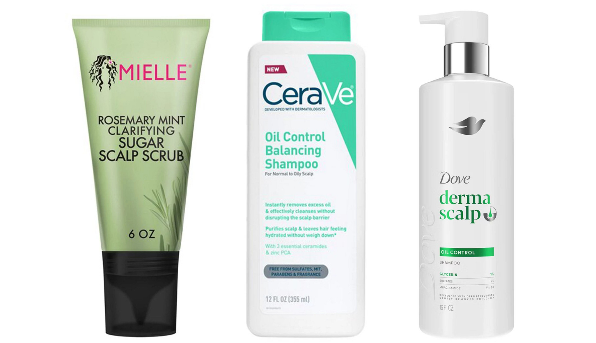 a collage with hair products designed to control scalp oil and clarify hair