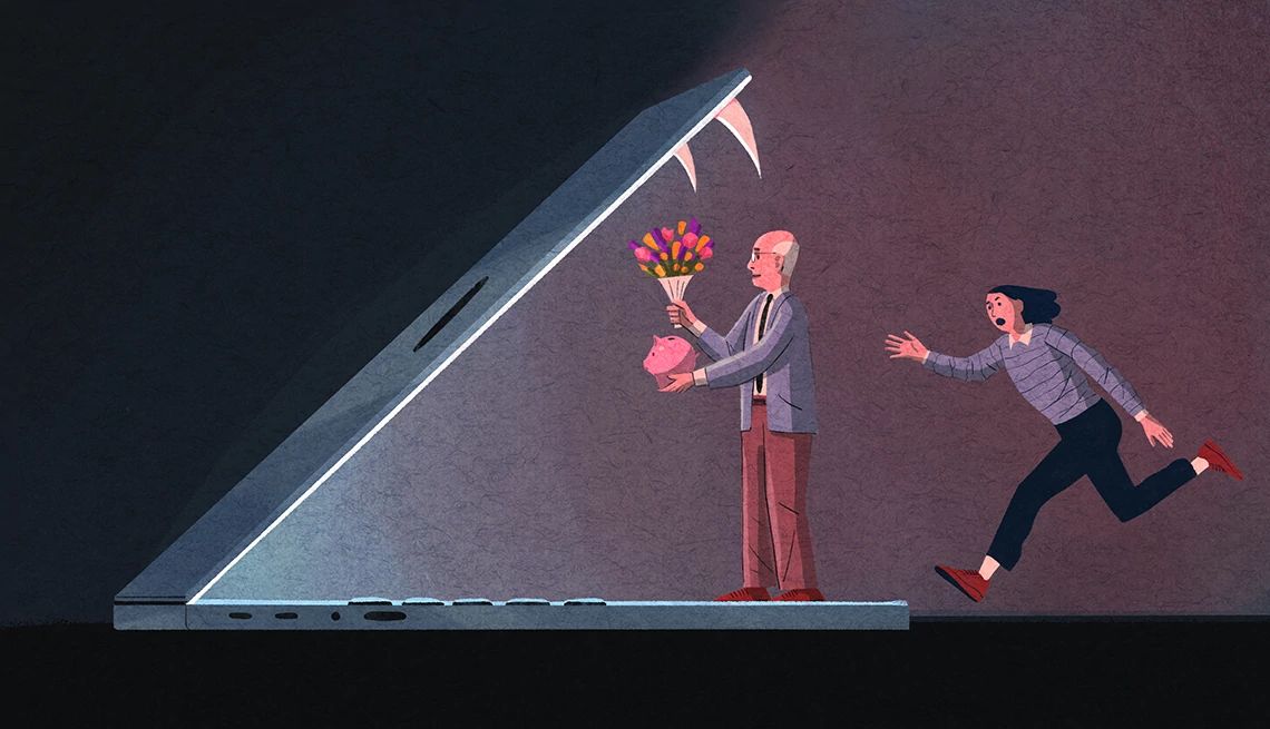 My Dad Was a Romance Scam Victim a father holding a piggy bank and flowers walks toward a laptop while his daughter chases after him