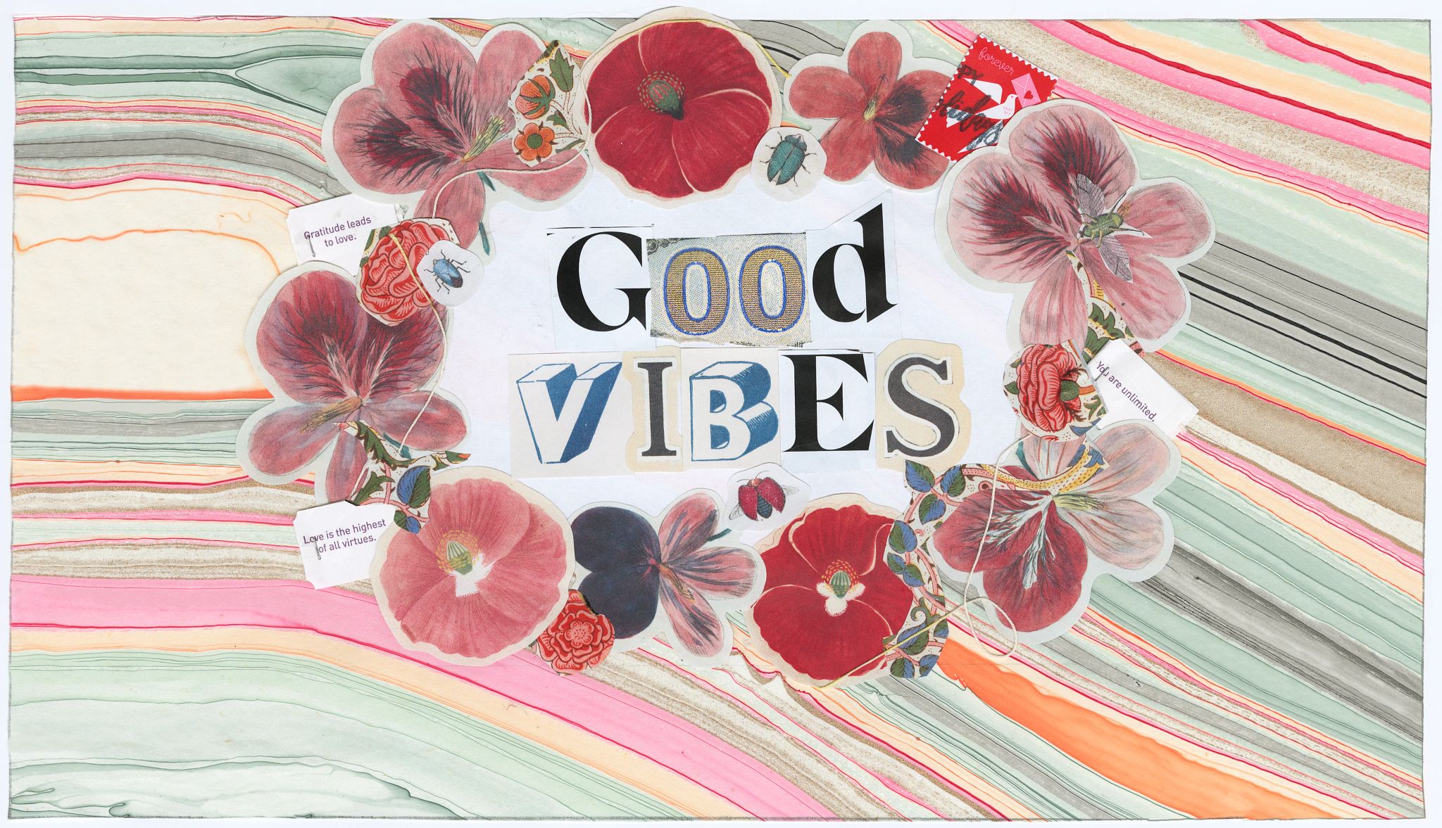 a ring of flowers with good vibes in the middle