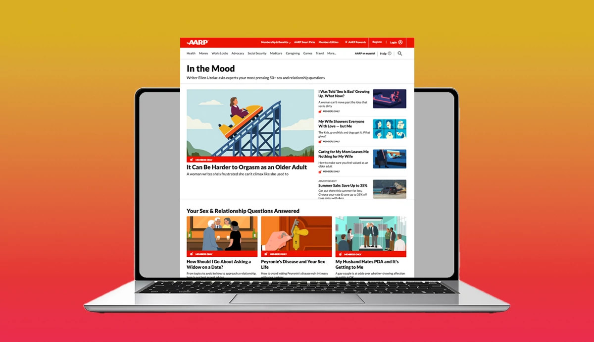 a graphic illustration shows an open laptop displaying the landing page for in the mood column