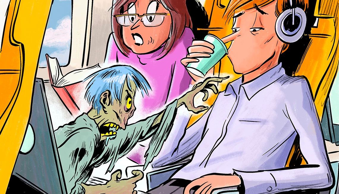 Questionable Movies on a Plane a cartoon of a zombie crawling out of a laptop screen toward a man seated next to a woman on a plane