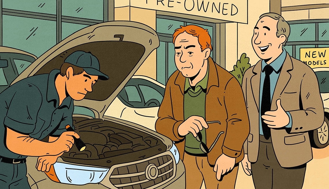 An illustration shows a mechanic inspecting a car while the salesman and potential buyer look on