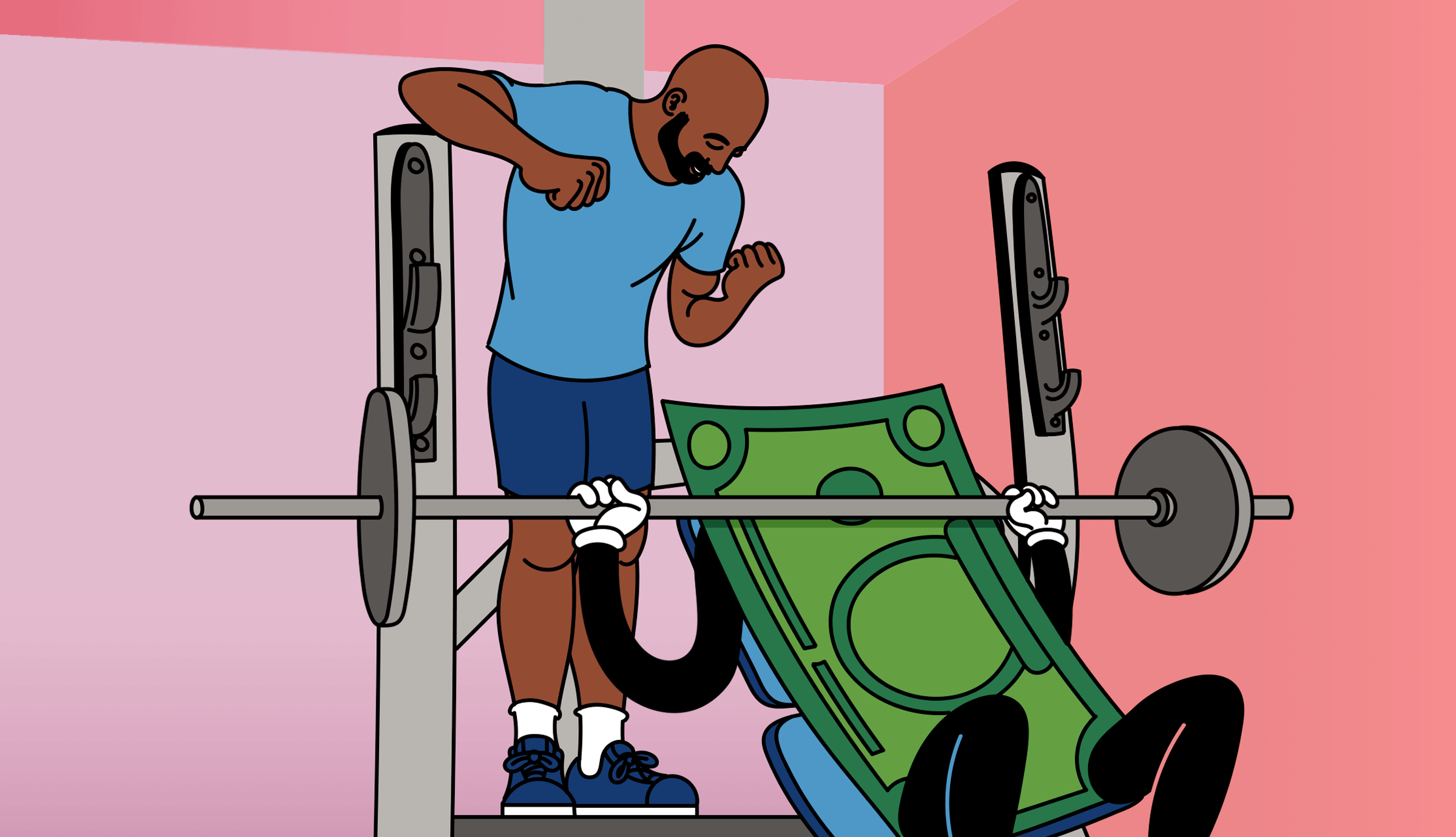 An animated dollar bill bench presses a barbell at the gym while a man cheers him on.