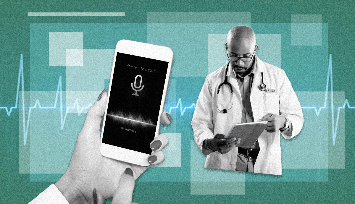 a person holding a phone with a microphone on the screen with a doctor in the background