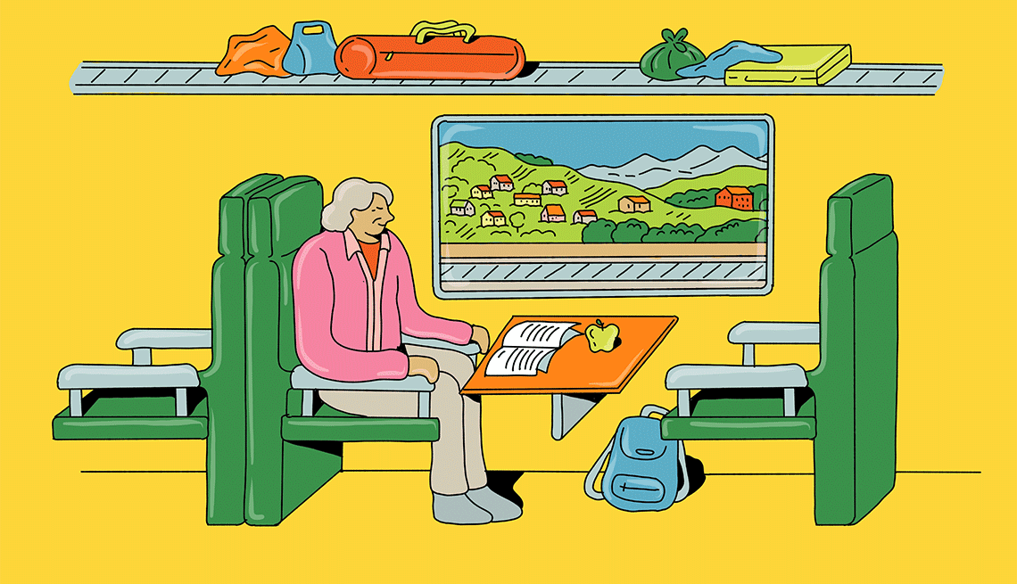an illustration of a person sitting on a train looking out the window