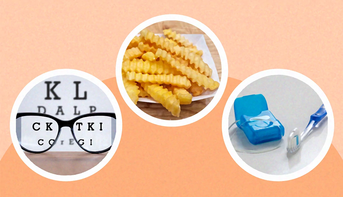Tres imágenes que representan un examen de la vista, comida chatarra e higiene bucal