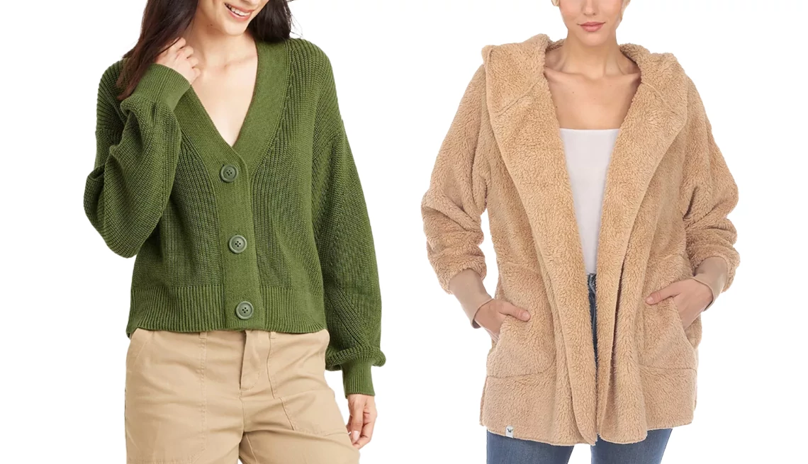 Universal Thread Women’s Button-Up Cardigan in Olive Green; White Mark Women’s Plush Hooded with Pockets Jacket in Camel