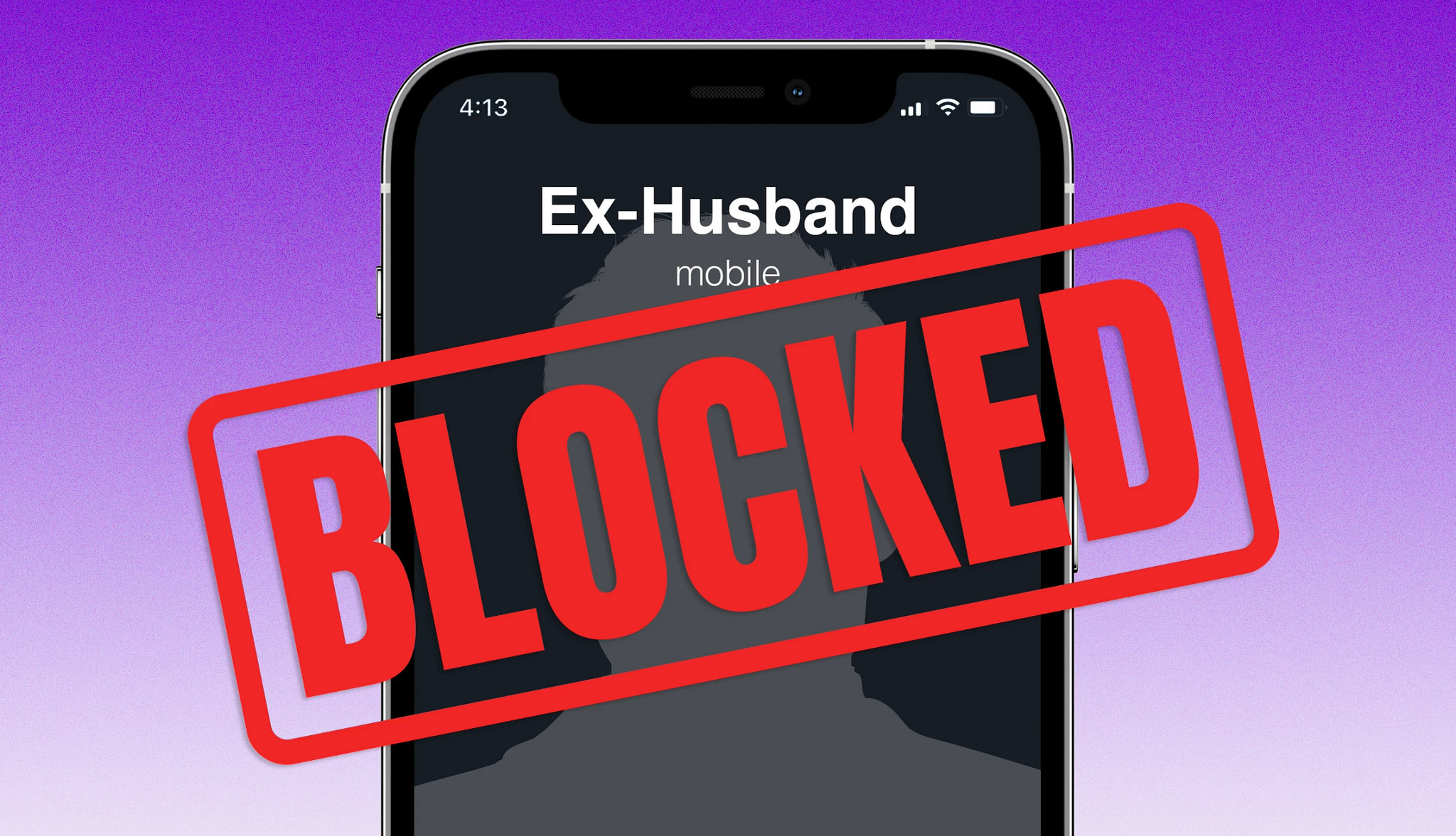 photo collage of phone contact labeled “Ex-Husband” with a large red “BLOCKED” stamp across cell phone