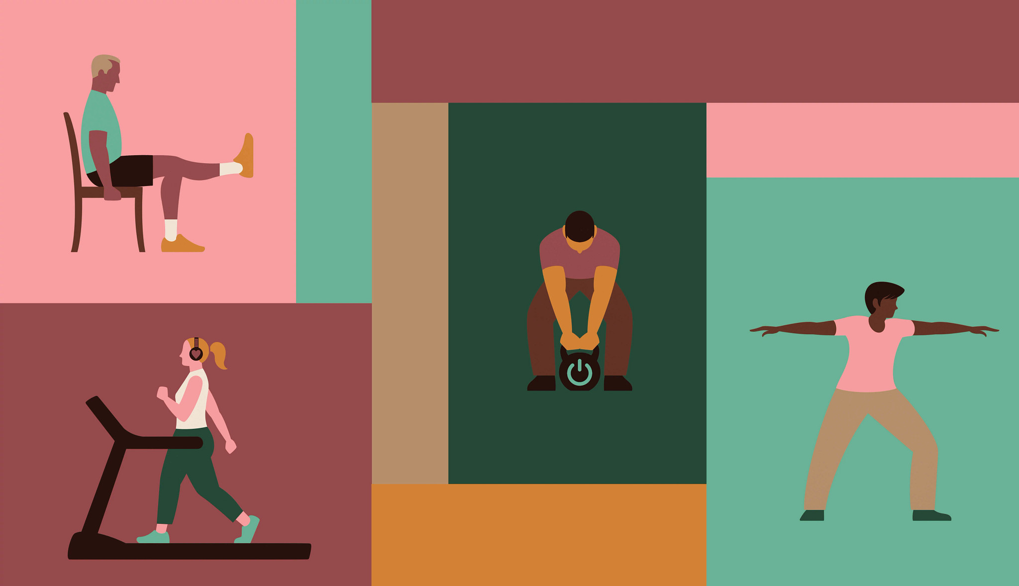 colorful, stylized illustration features four older adults performing diverse exercises in separate panels. In the top left, a man performs seated leg extensions; below him, a woman walks on a treadmill while wearing headphones. The center panel shows a man lifting a kettlebell, and the right panel depicts a man in a wide yoga or stretching pose