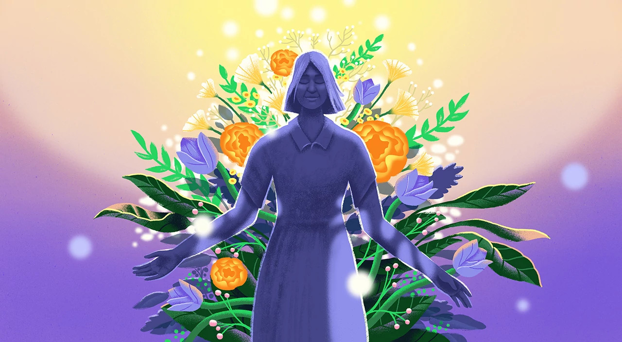 illustration of woman with arms open standing in front of lots of flowers