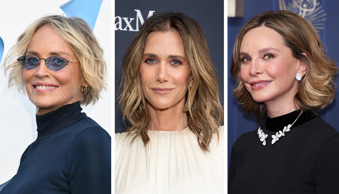 a collage with images of sharon stone, kristen wigg and calista flockhart
