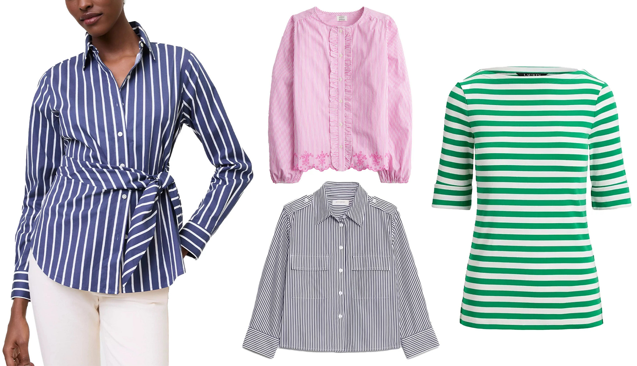 a collage with a model wearing a belted striped blouse alongside photos of other styles of striped tops