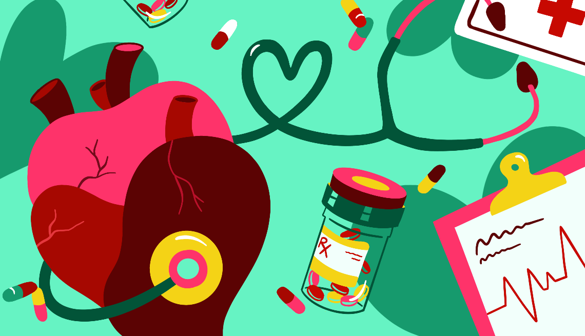 heart health illustration with prescription pills, an EKG and a stethoscope